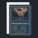 Blue Gold 100th Birthday Party Invitation<br><div class="desc">A stylish 100th birthday party invitation. A modern invite in blue and gold. This stylish invitation allows for a custom personalized photograph of the birthday boy! Text in gold colored effect font and all can be amended to customize to your party requirements,  then personalized with a name and date.</div>