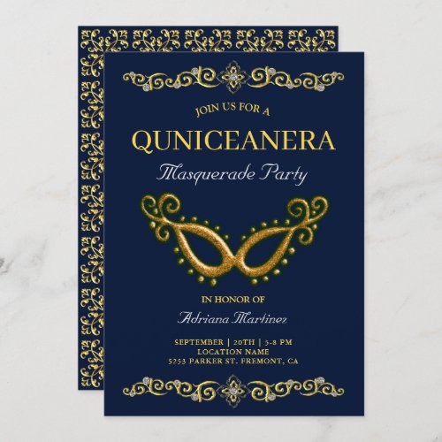 Blue Gold 15th Birthday Masquerade Quinceanera Invitation