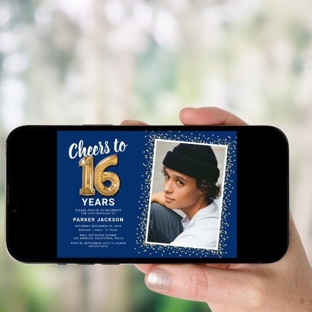 Blue Gold 16th Birthday Photo Invitation (Front Digital)