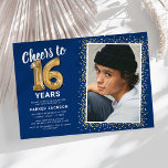 Blue Gold 16th Birthday Photo Invitation<br><div class="desc">Celebrate the grand milestone of turning sixteen with our elegant birthday party invitations. With a customizable trendy blue background, a personal photo spot, and golden accents, these invitations are sure to leave a lasting impression. The gold helium balloon details add a touch of magic, while the modern 16th birthday text...</div>