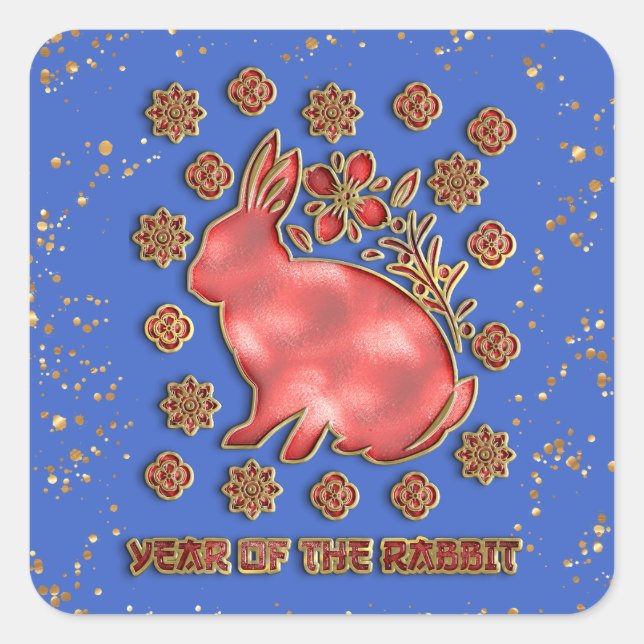 Blue Gold 2023 Rabbit Lunar Chinese New Year Square Sticker (Front)