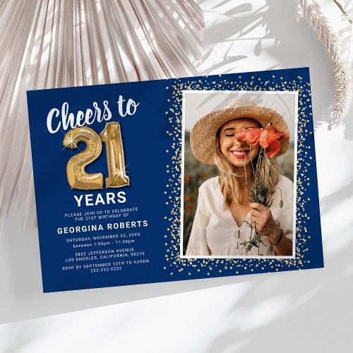 Blue Gold 21st Birthday Photo Invitation