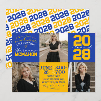 Blue & Gold 3 Photo Graduation Invitation