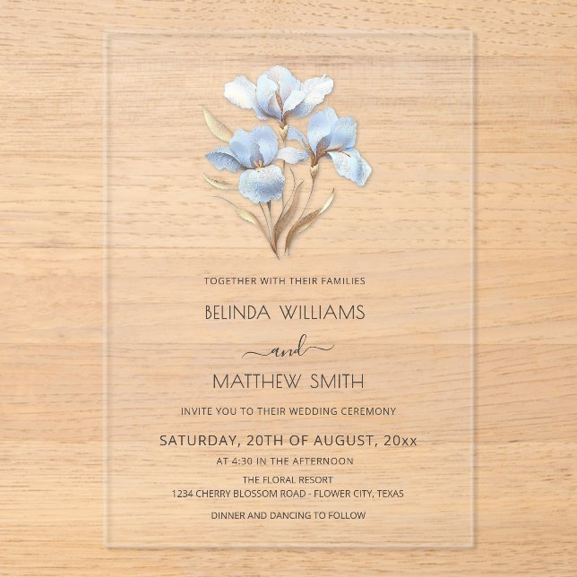 Blue Gold 3D Flowers  Acrylic Invitations (Front)