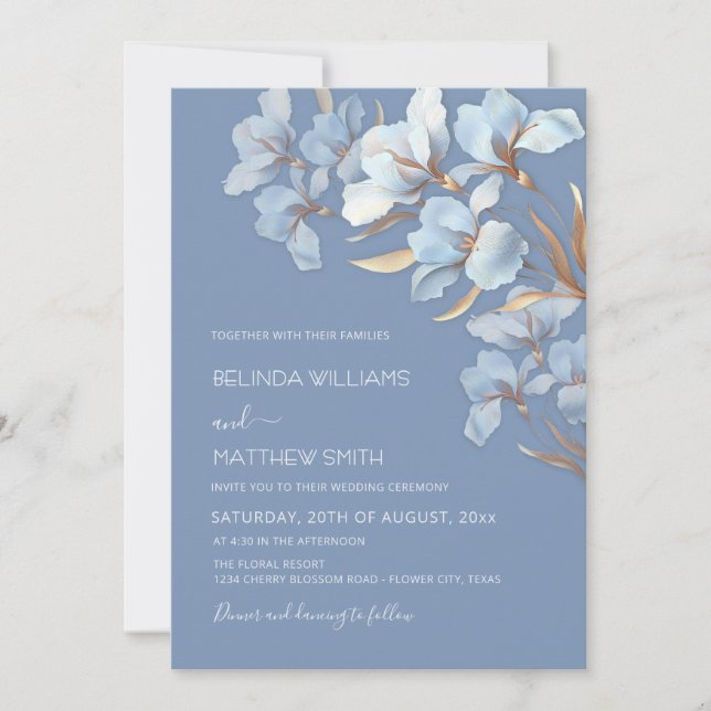 Blue Gold 3D Flowers  Invitation (Front)