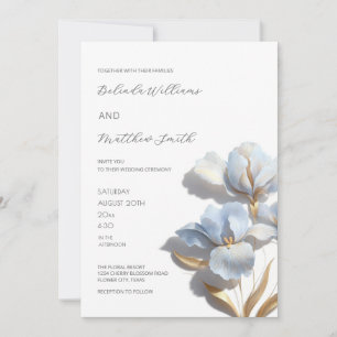 Blue Gold 3D Flowers White Invitation