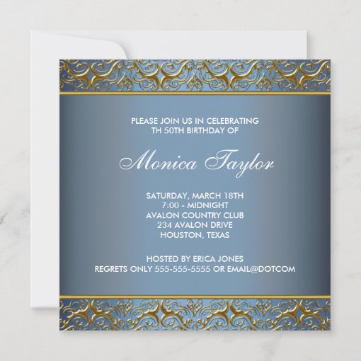 Blue Gold 50th Birthday Invitation Elegant 50 | Zazzle