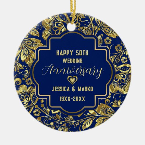 Blue  Gold 50th Wedding Anniversary  Ceramic Ornament