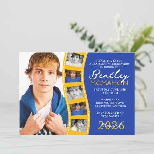 Blue  Gold 6 Photo Filmstrip Graduation Collage Invitation