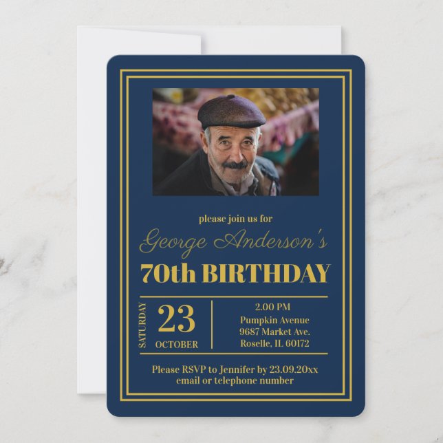 Blue Gold 70th Birthday Party Invitation (Front)