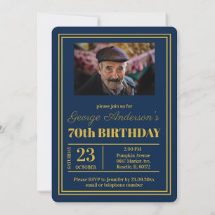 Blue Gold 70th Birthday Party Invitation