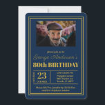 Blue Gold 80th Birthday Party Invitation<br><div class="desc">A stylish 80th birthday party invitation. A modern invite in blue and gold. This stylish invitation allows for a custom personalized photograph of the birthday boy! Text in gold colored effect font and all can be amended to customize to your party requirements,  then personalized with a name and date.</div>