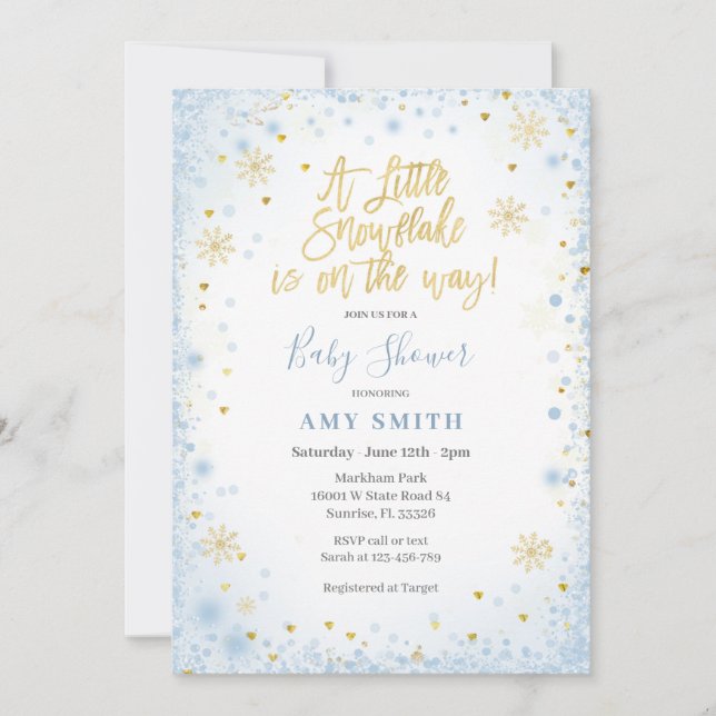 Blue Gold A little snowflake is on the way   Invitation (Front)