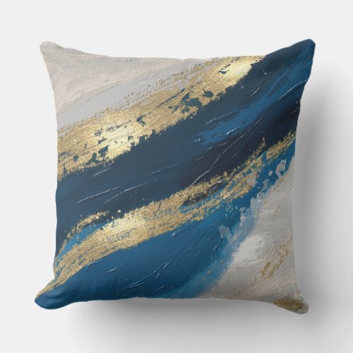 Blue Gold Abstract Brushstrokes Chic Modern Outdoor Pillow