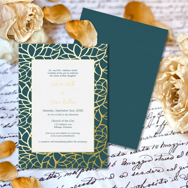 Blue & Gold Abstract Leaf Pattern Wedding Foil Invitation (Blue & Gold Abstract Leaf Pattern Wedding Foil Invitation)