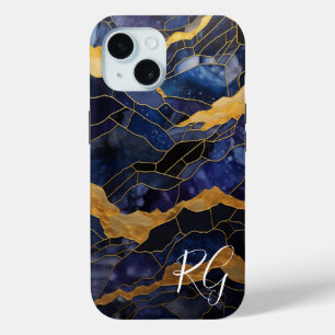 Blue Gold Abstract Marble Monogram Initials iPhone 15 Case