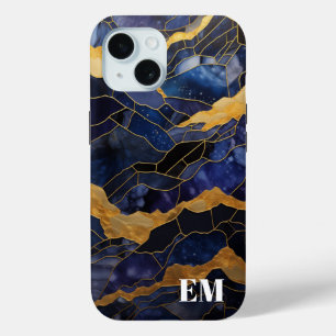 Blue Gold Abstract Marble Monogram Initials iPhone 15 Case