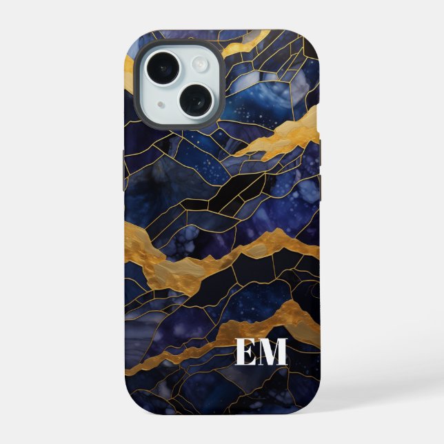 Blue Gold Abstract Marble Monogram Initials Iphone Case (Back)