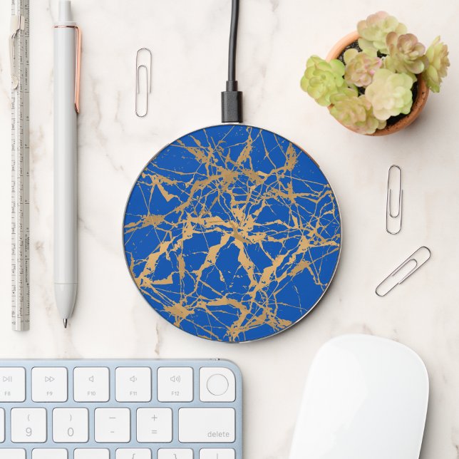 Blue Gold Abstract Marble Pattern Wireless Charger (Creator Uploaded)