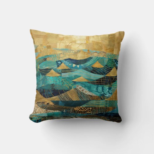 Blue Gold Abstract Ocean Waves Modern Throw Pillow