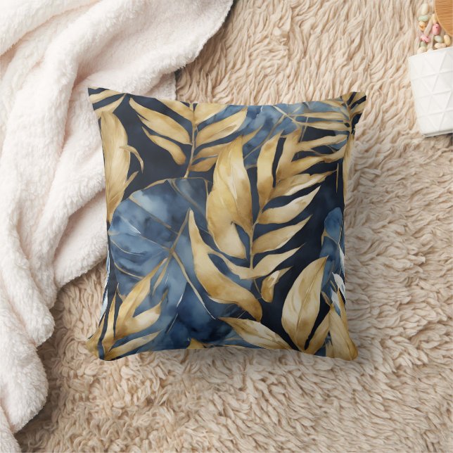 Blue Gold Abstract Watercolor Artful Botanic Art  Throw Pillow (Blanket)