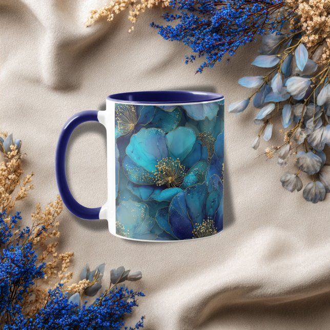 Blue Gold Abstract Watercolor Florals  Mug (Blue gold Abstract Floral Coffee Mug gift for her. )