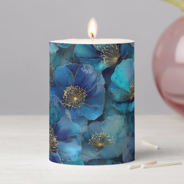 Blue Gold Abstract Watercolor Florals  Pillar Candle (In Situ)