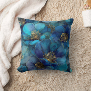 Blue Gold Abstract Watercolor Florals  Throw Pillow