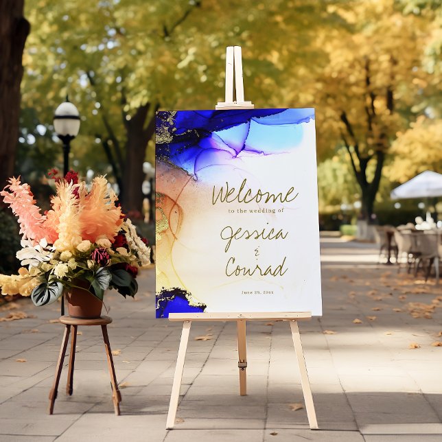 Blue Gold Abstract Wedding Welcome Foam Board (Blue Gold Abstract Wedding Welcome Foam Board.)