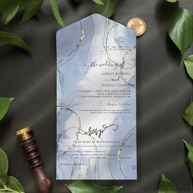 Blue Gold Accent Summer Wedding All In One Invitation (Creator Uploaded)