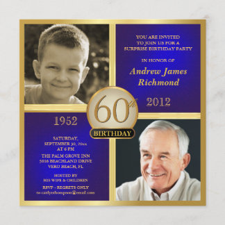 Blue Gold Adult Birthday Invite Then-Now 2-Photos