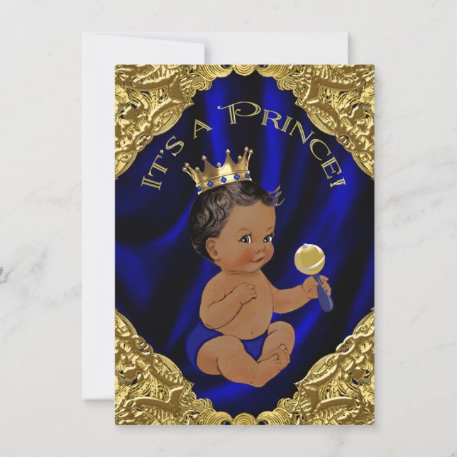 Blue Gold African American Prince Baby Shower Invitation (Front)