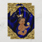 Blue Gold African American Prince Baby Shower Invitation (Front/Back)