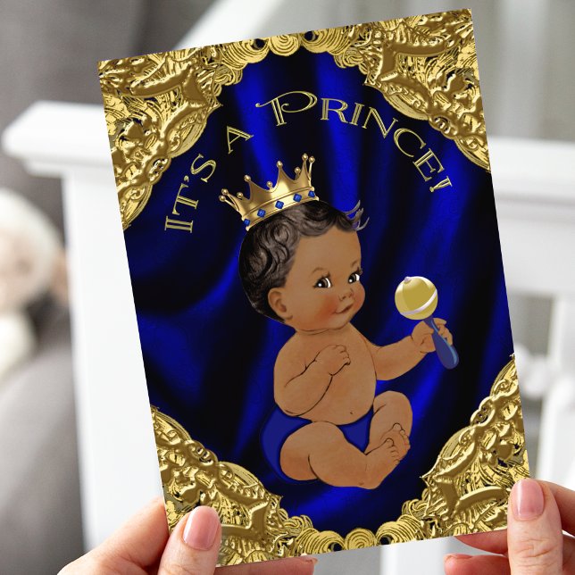 Blue Gold African American Prince Baby Shower Invitation