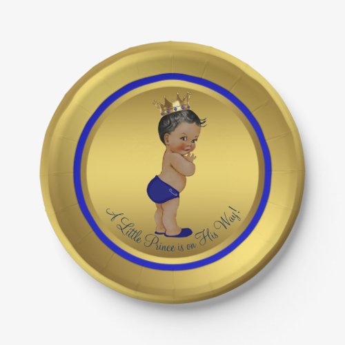 Blue Gold African American Prince Baby Shower Paper Plates