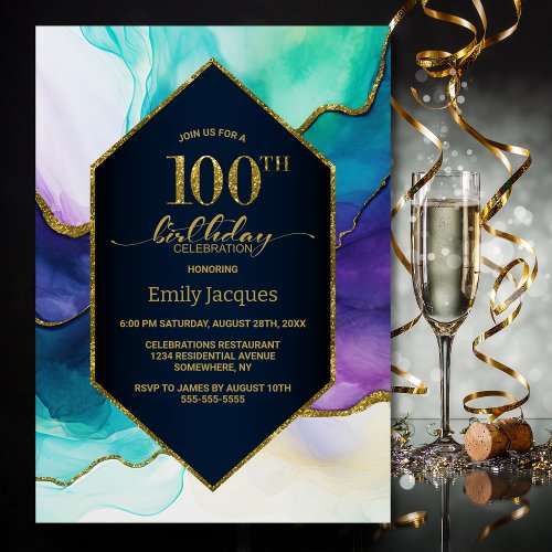Blue Gold Agate 100th Birthday Party Invitation