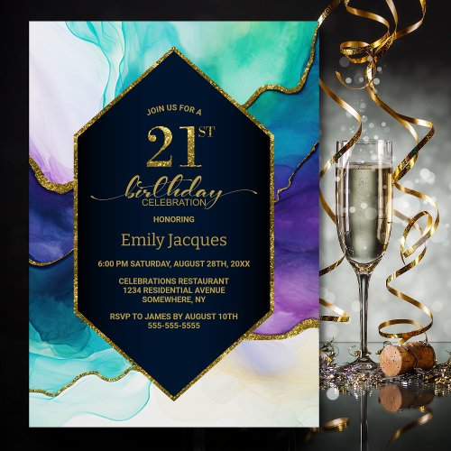 Blue Gold Agate 21st Birthday Party Invitation