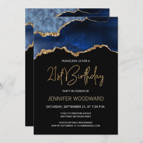 Blue Gold Agate 30th Birthday Party Invitation