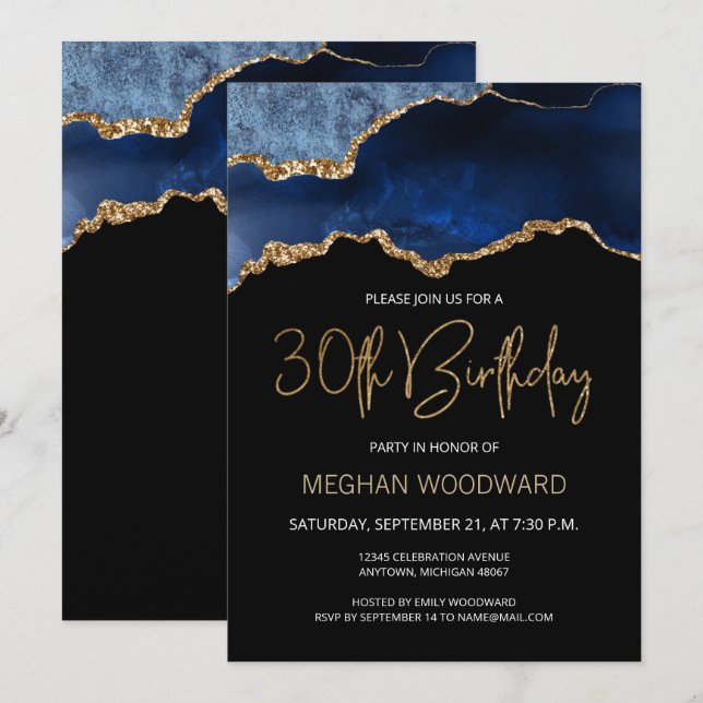 Blue Gold Agate 30th Birthday Party Invitation (Front/Back)