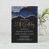 Blue Gold Agate 30th Birthday Party Invitation (Standing Front)