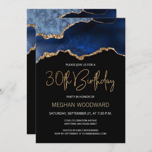 Blue Gold Agate 30th Birthday Party Invitation