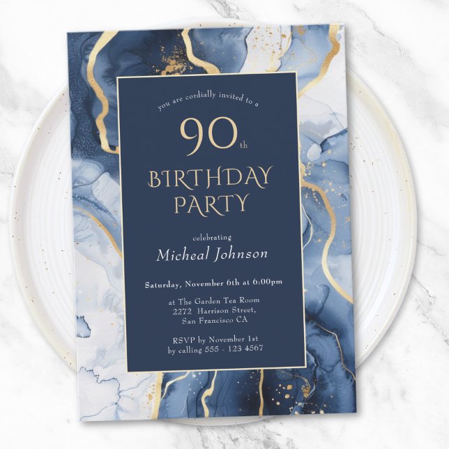 Blue Gold Agate 90th Birthday Invitation (Blue Gold Agate 90th Birthday Invitation)