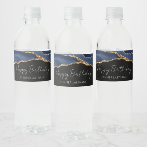 Blue Gold Agate Birthday Party Any Year Water Bottle Label