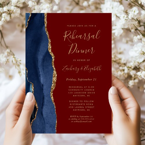 Blue Gold Agate Burgundy Wedding Rehearsal Dinner Invitation