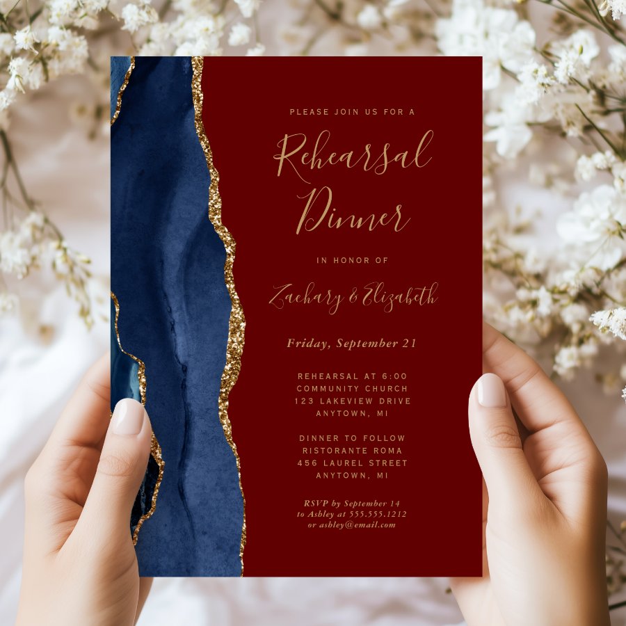 Blue Gold Agate Burgundy Wedding Rehearsal Dinner Invitation