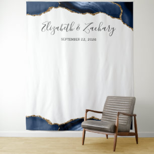 Blue Gold Agate Frame Wedding Photo Booth Tapestry