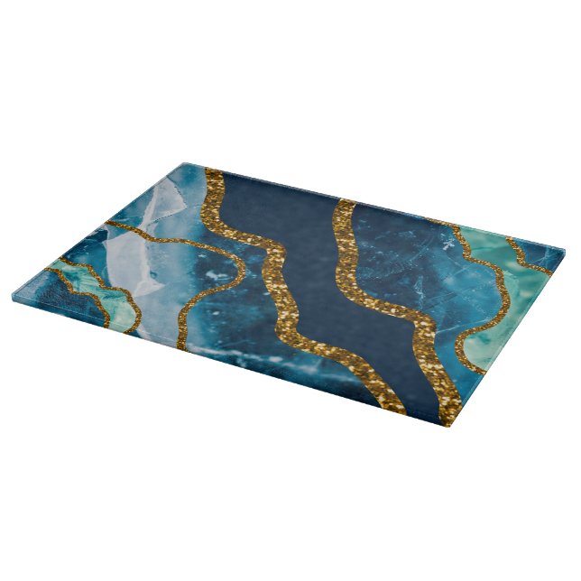 Blue & Gold Agate Geode Glitter  Cutting Board (Corner)