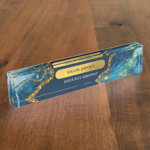 Blue  Gold Agate Geode Glitter Desk Name Plate