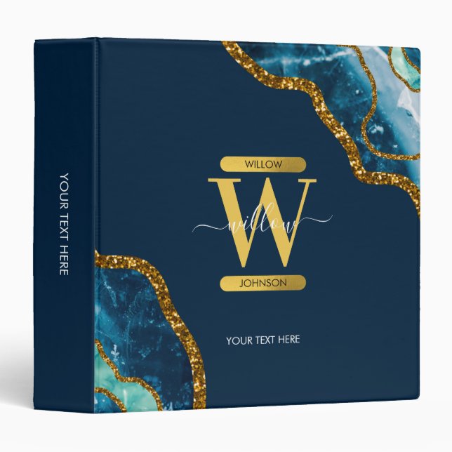 Blue & Gold Agate Geode Glitter Monogram 3 Ring Binder (Front/Spine)