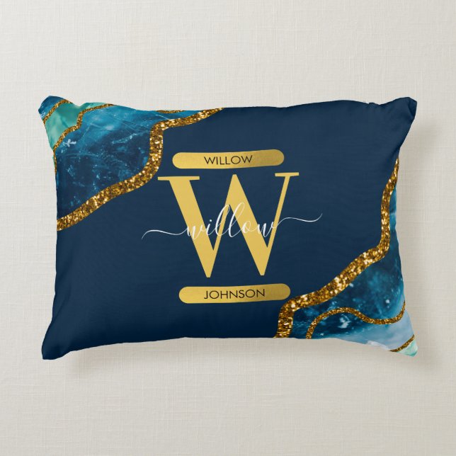 Blue & Gold Agate Geode Glitter Monogram Accent Pillow (Front)